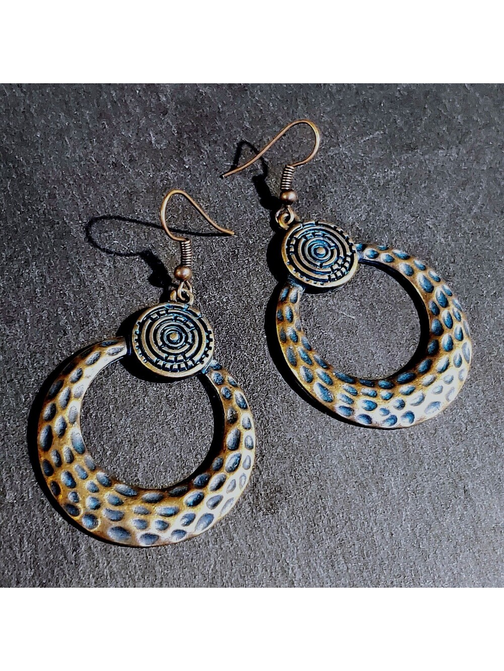Antique Copper Verdigris Blue Green Patina Hammered Open Round Earrings